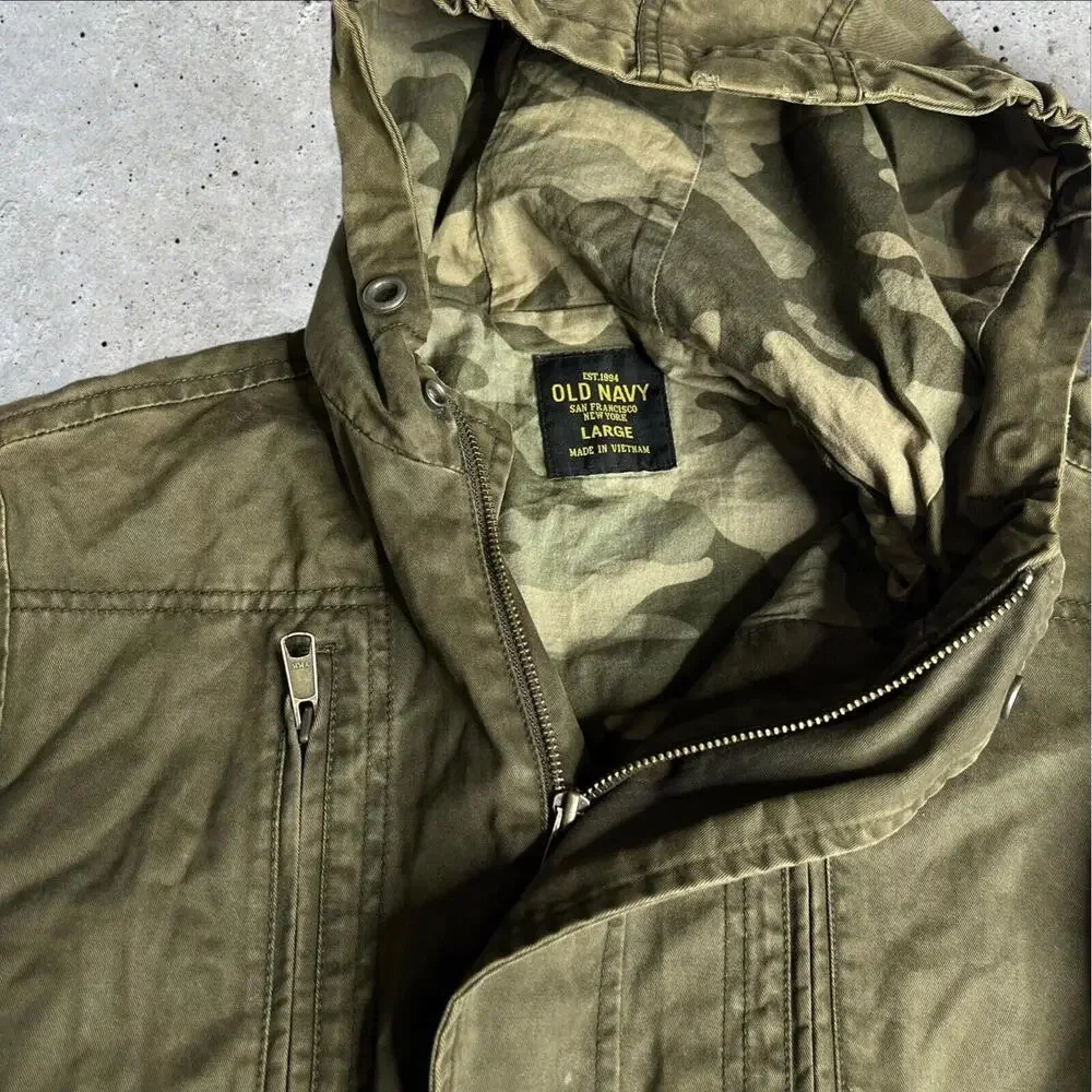 y2k Old Navy Military Jacket Hooded Green Lined  Full Zip Snap Pockets Size‎ L